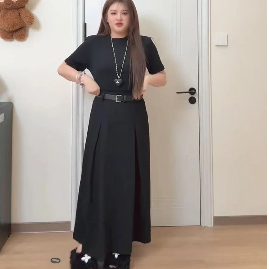 大码韩系简约圆领短袖T恤半身裙两件套(裙子送腰带）