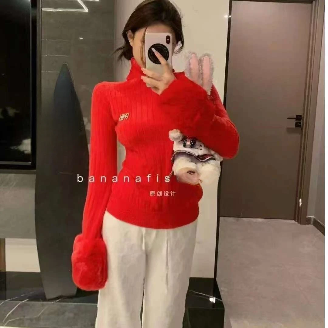 [春歌]高货堆堆领毛衣女设计感袖口毛毛洋气百搭高领上衣纯欲风女