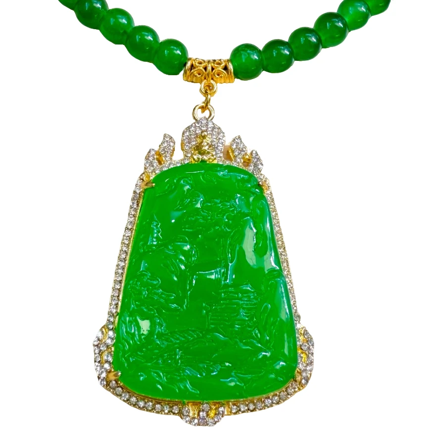 【福满满珠宝】F039-DIY配件-青碧芙蓉萃绿山水牌吊坠-多样性发其一