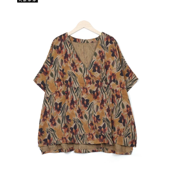 【天依洛洛】3121 气质百搭休闲时尚宽松花朵印花双纱T恤