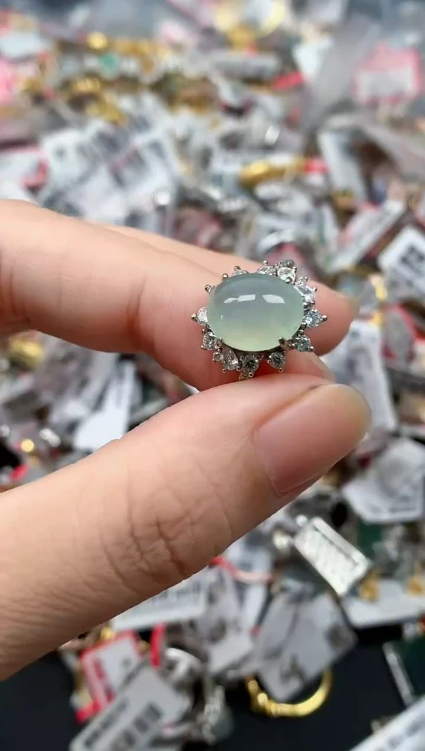 翡翠戒指银S925镶嵌天然缅甸翡翠