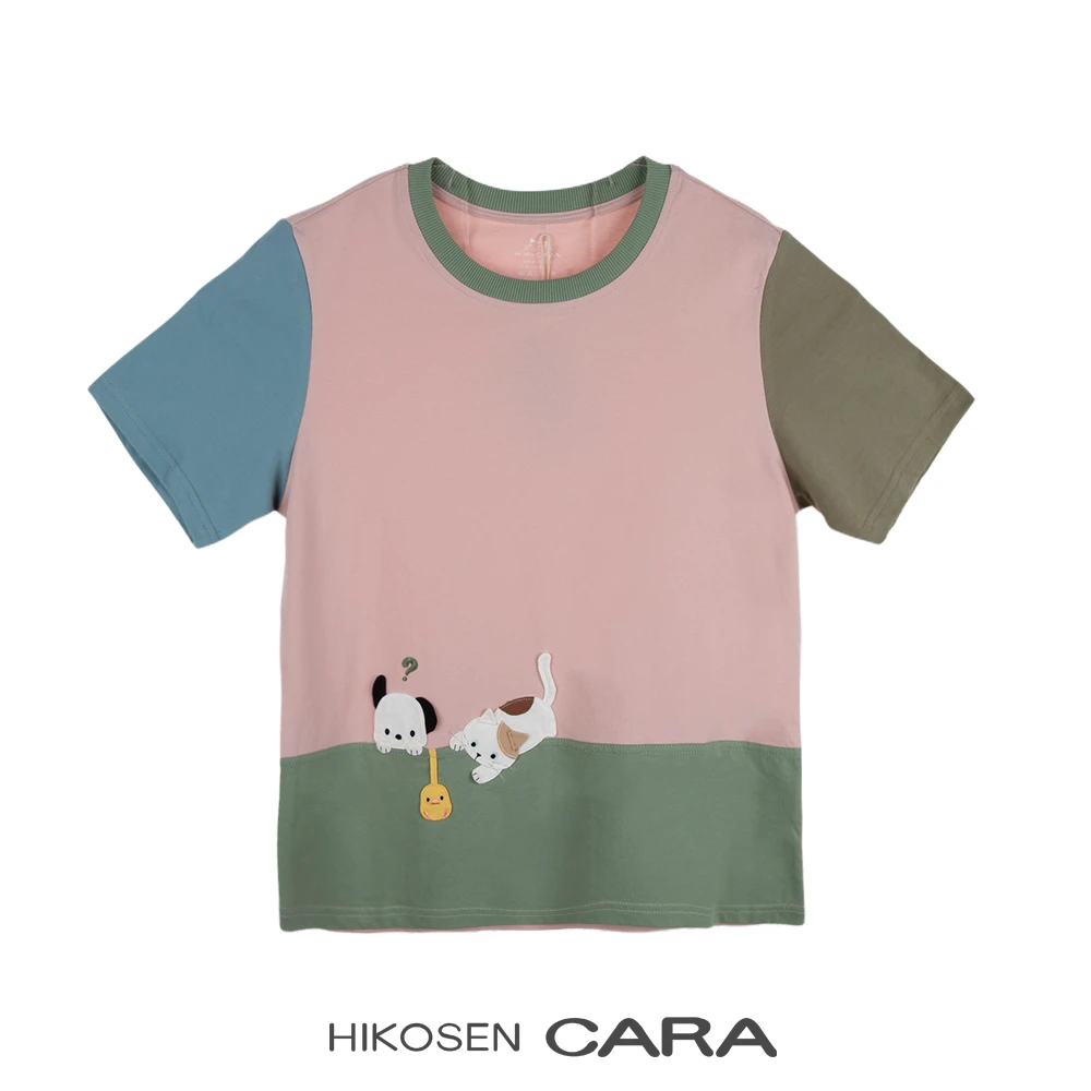 HIKOSEN CARA卡拉猫三花与小狗短袖T恤日系撞色潮牌设计师女上衣