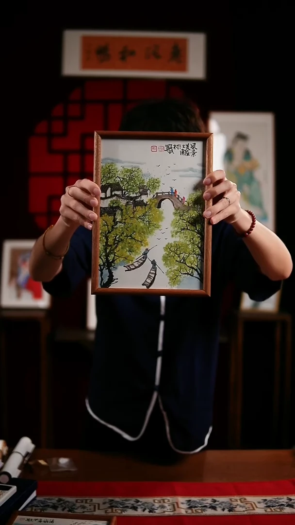 书法高级绘画摆台30*20江南小桥流水图