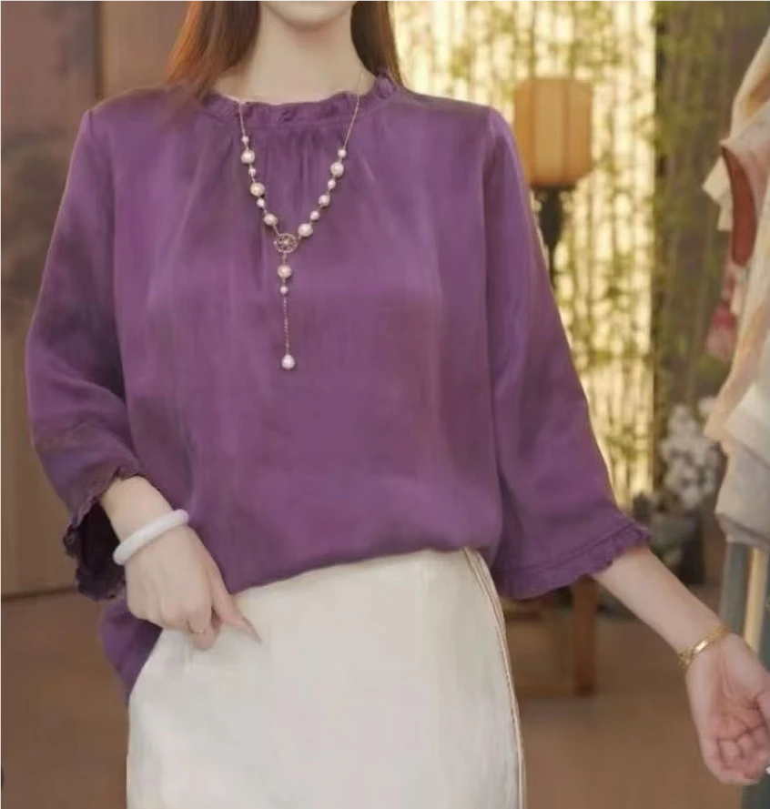 【722】新中式纯色长袖上衣木耳须领时尚百搭宽松套头中国风女