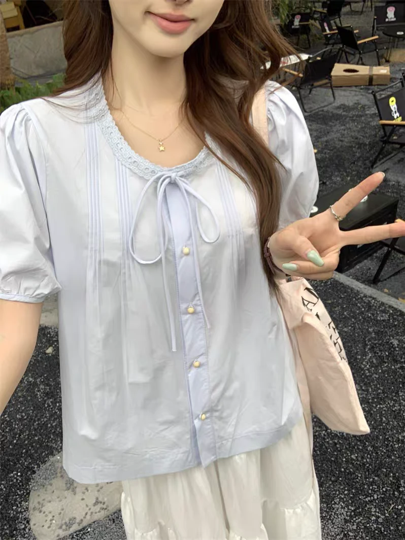 夏季新款韩系拼接花边系带圆领短袖衬衫女休闲减龄上衣1616933