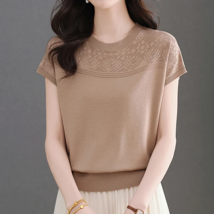 夏季100%天丝女士圆领宽松显瘦套头百搭减龄短款时尚短袖针织衫