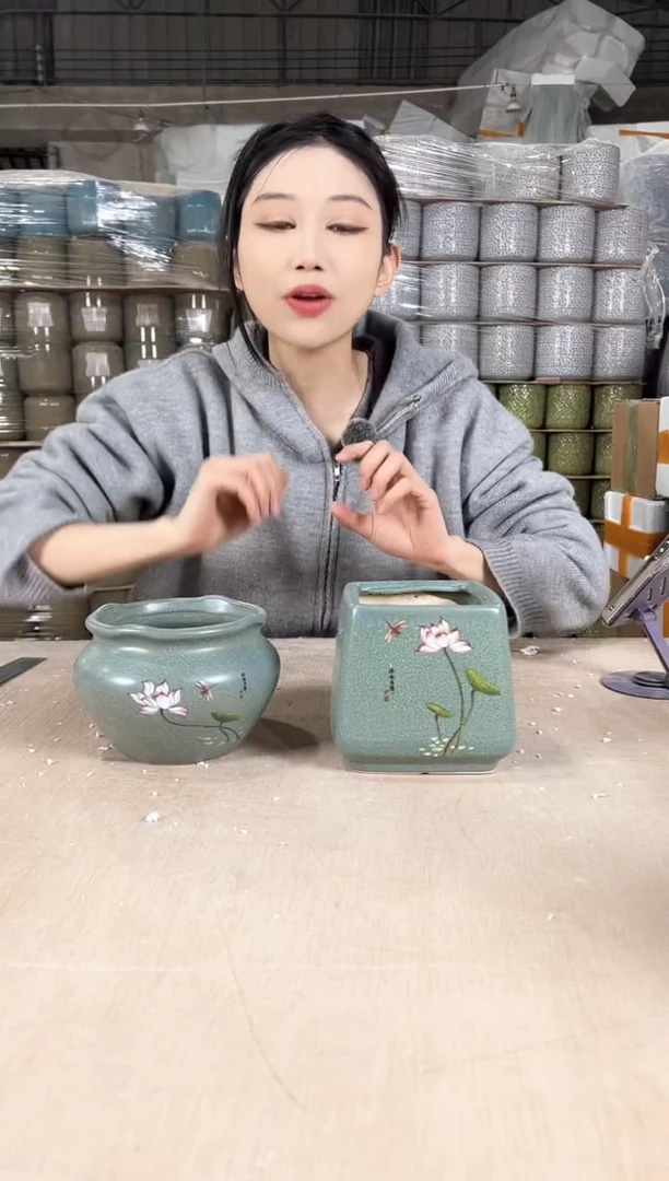【闪购商品】陶瓷四方深绿荷花小号11+荷花深绿荷花小13