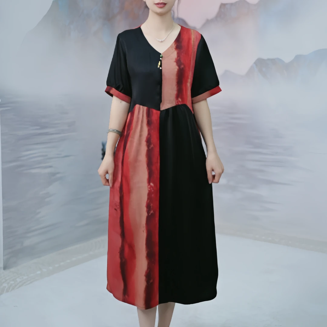 4116夏季新款复古国风中长款连衣裙高级感拼接时尚气质连衣裙