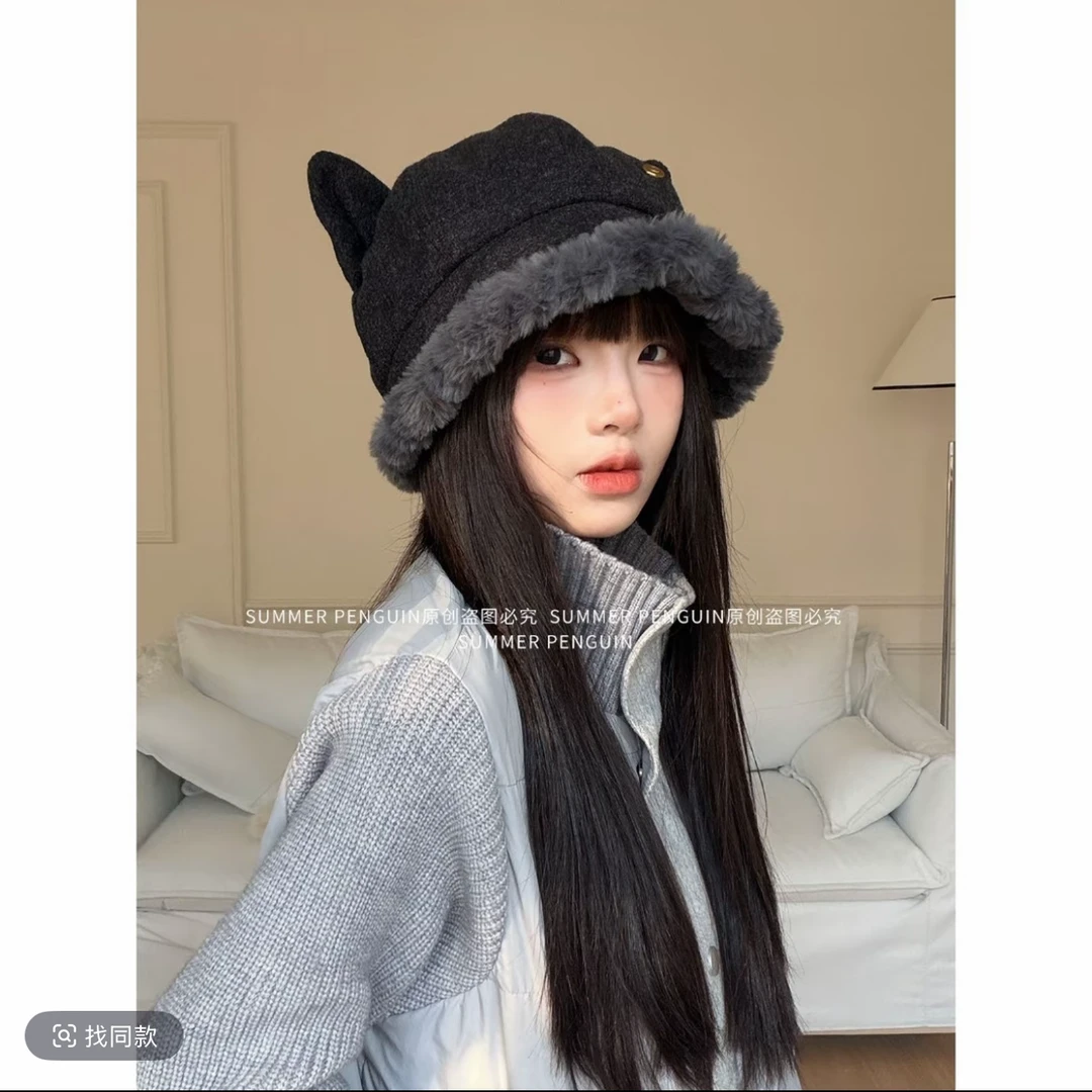 SUMMER PENGUIN日系复古猫耳朵毛绒渔夫帽女冬包头帽显脸小毛绒帽