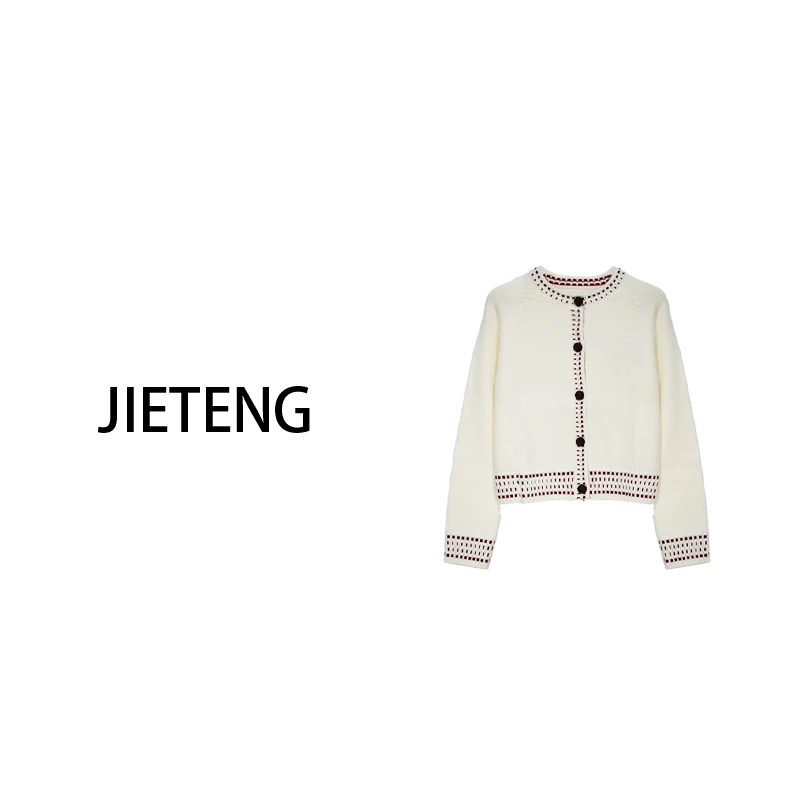 JITE 针织短款厚款秋季重工时尚波点扎染衫圆领白色-2388