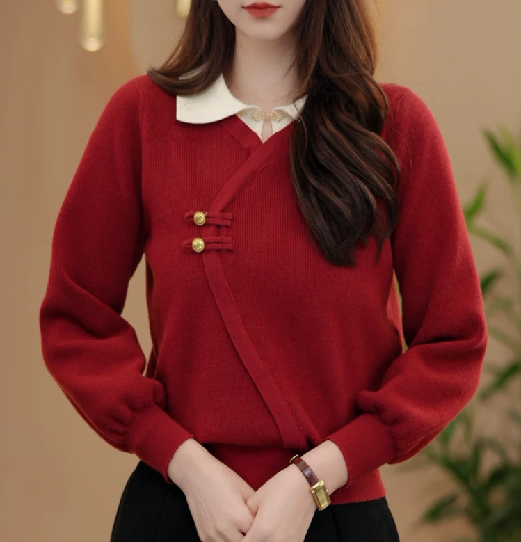 -XG127新中式国风假两件针织毛衣女秋冬气质复古红色翻领打底上衣