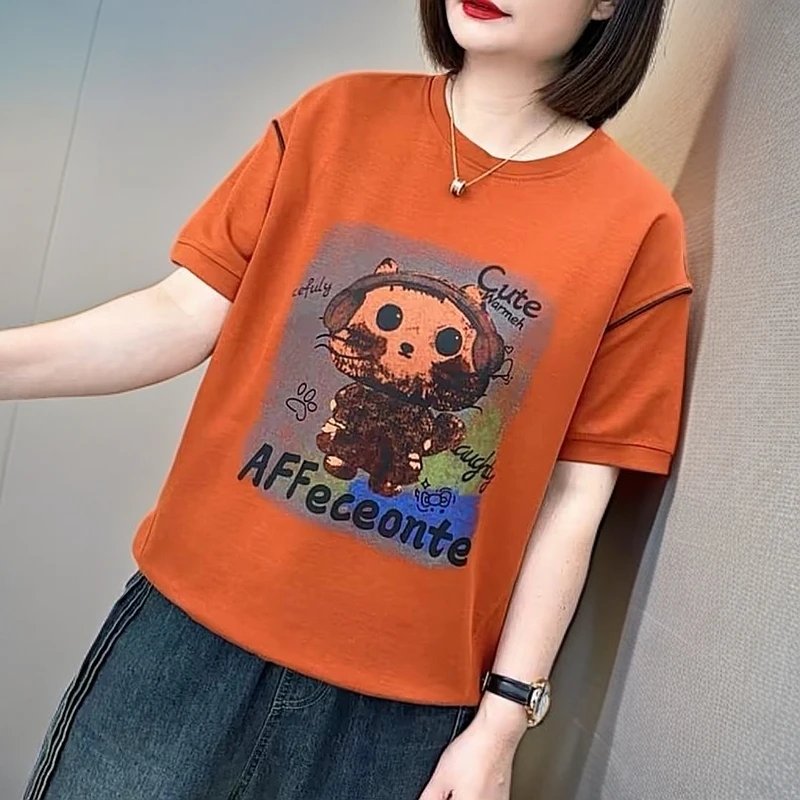 大码短袖印花圆领中年妈妈T恤韩版宽松减龄洋气显瘦休闲短袖衫