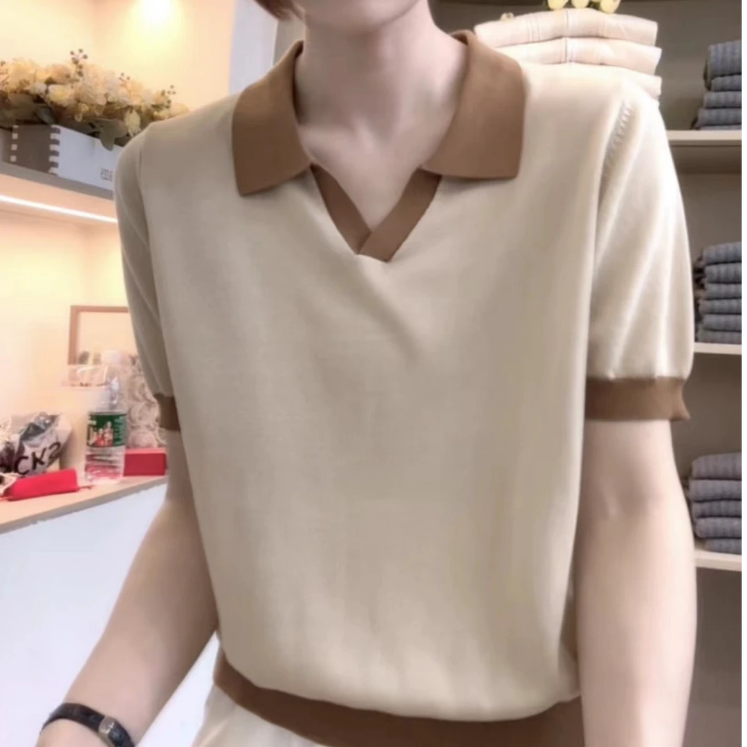 [编码D206]妮妮家休闲奶茶色拼色翻领气质宽松百搭短袖套头针织女