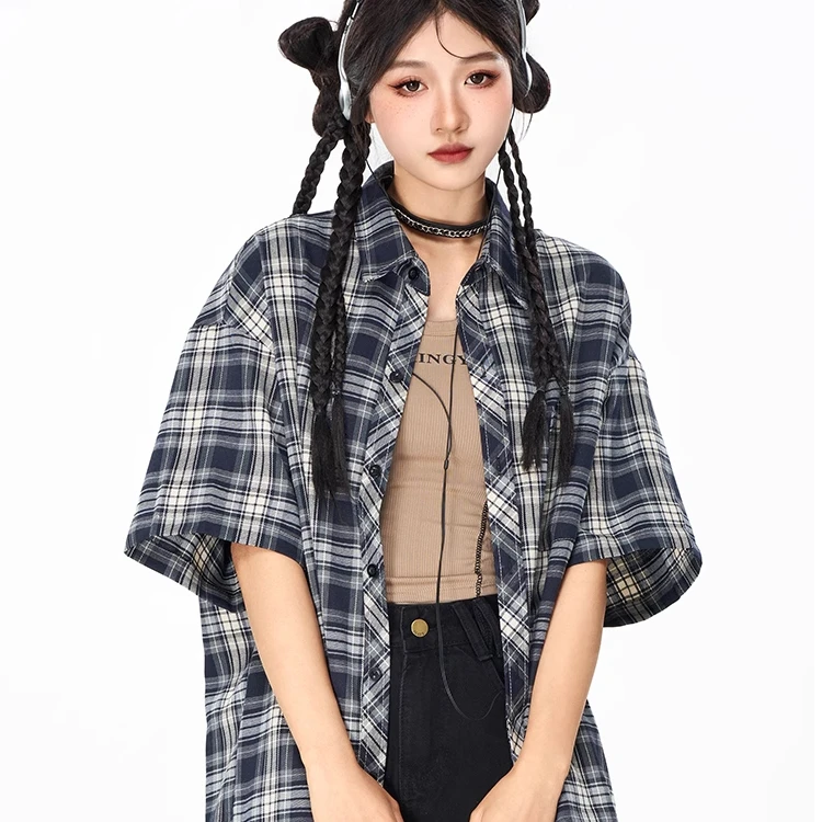 大码短袖夏季爆款格子酷飒风女装高级感潮流休闲服女款上衣衬衫
