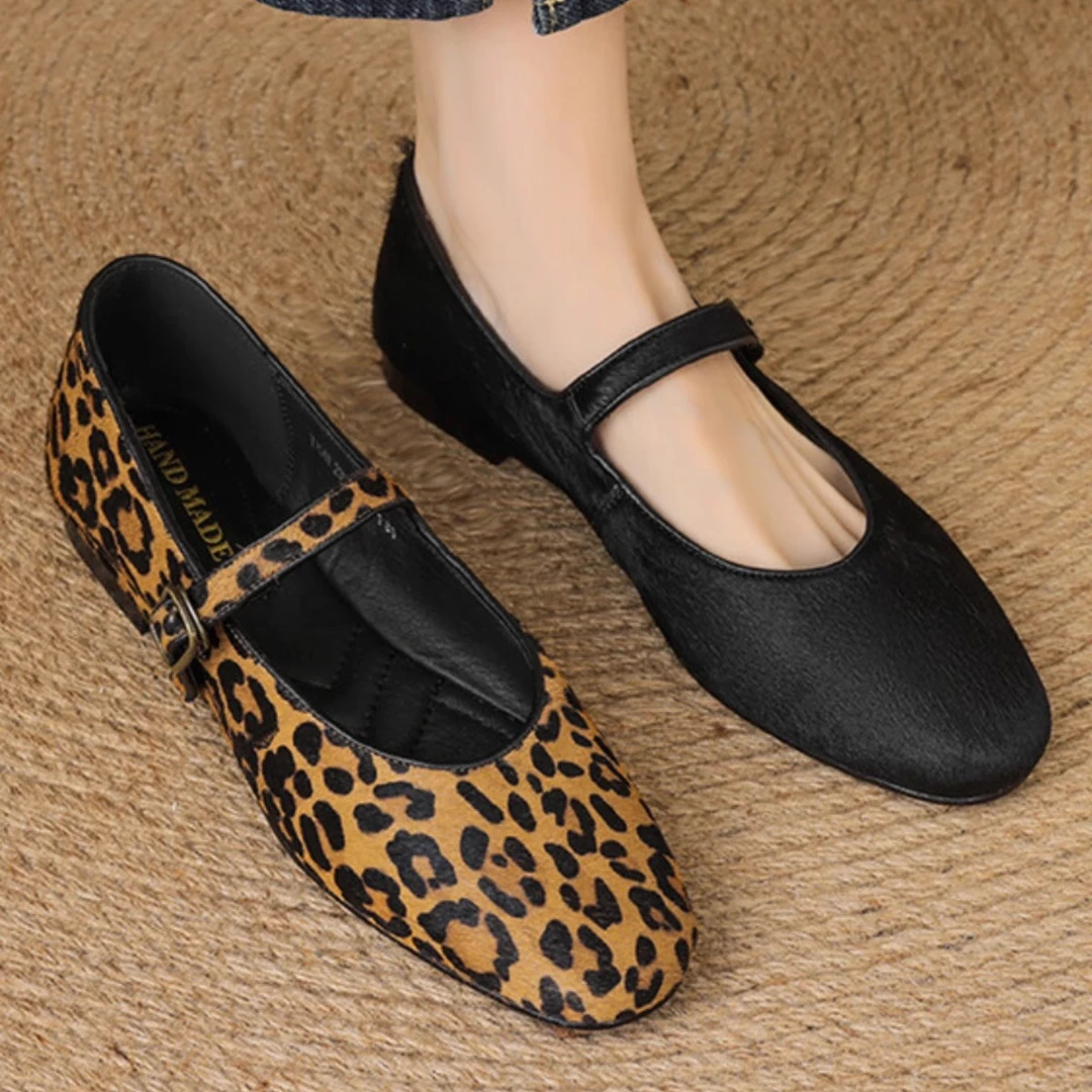 法式复古豹纹一字带玛丽珍鞋女春夏新款真皮马毛圆头平底浅口单鞋