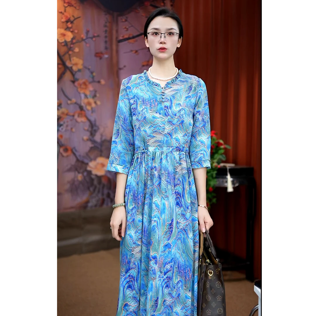 A59（蓝色流云）夏季印花复古中长款夏季中式连衣裙优雅显瘦碎花