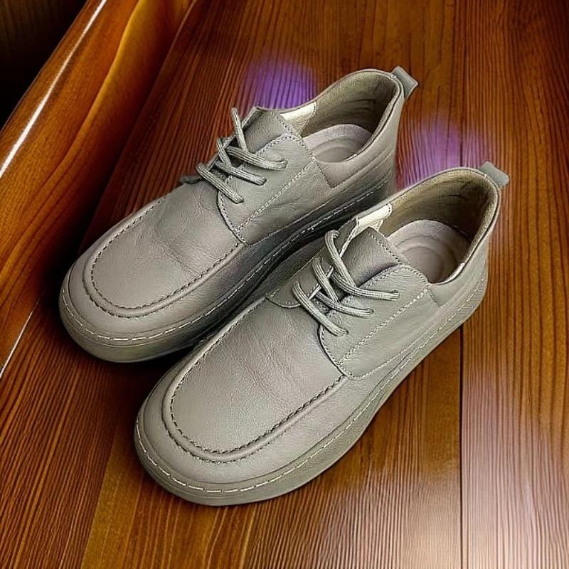 圆头透气系带减震休闲皮鞋单鞋英伦百搭低帮平底休闲鞋软底潮流