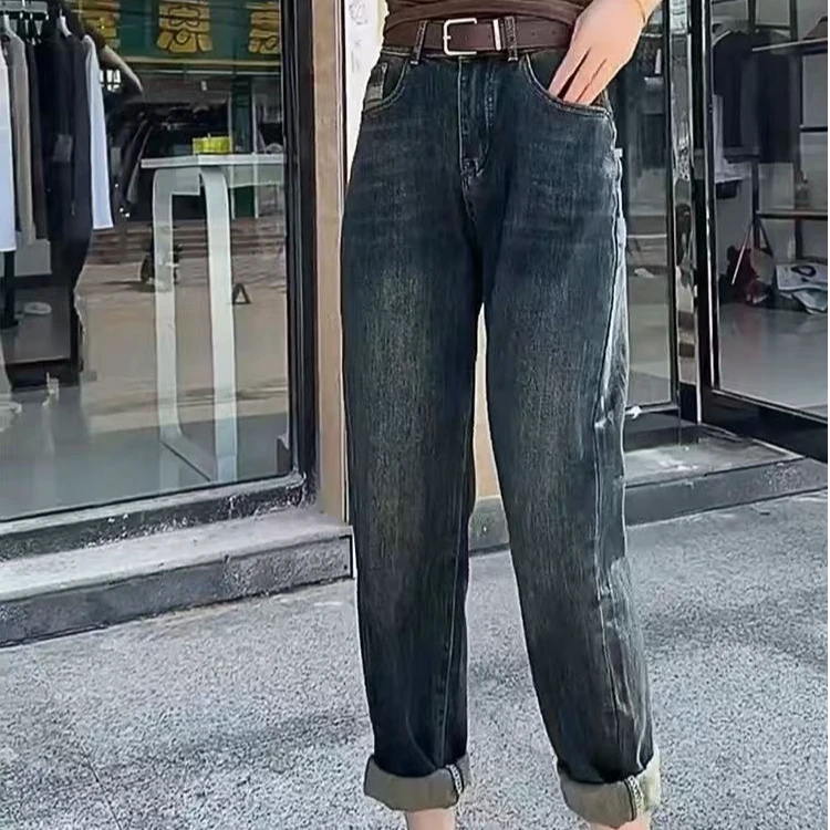 585（裤长91）复古蓝哈伦牛仔裤女春秋梨形身材高腰老爹裤弹力时尚