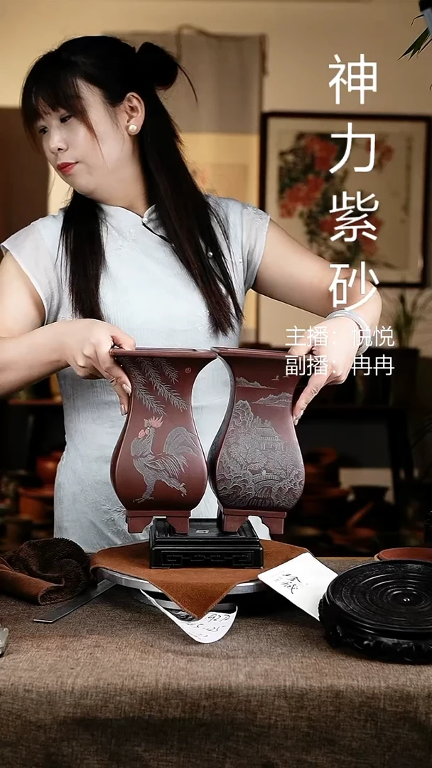 紫砂花盆藏*猫花卉工艺一对
