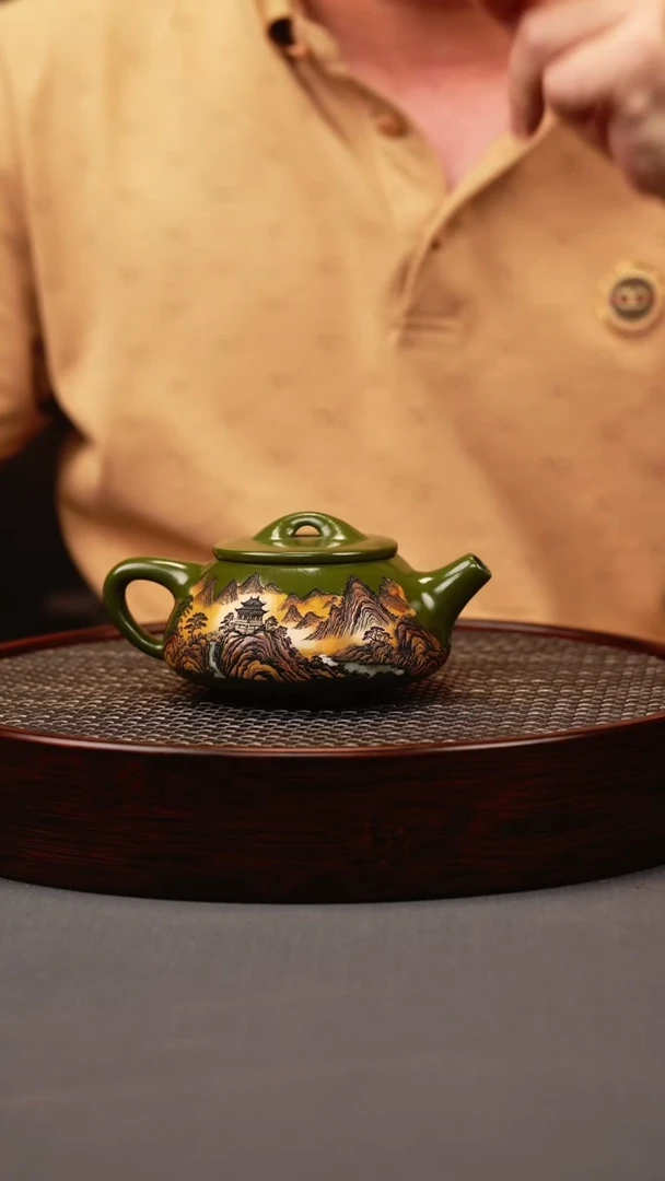 茶壶紫砂绿泥 景州石瓢 彩刻山水
