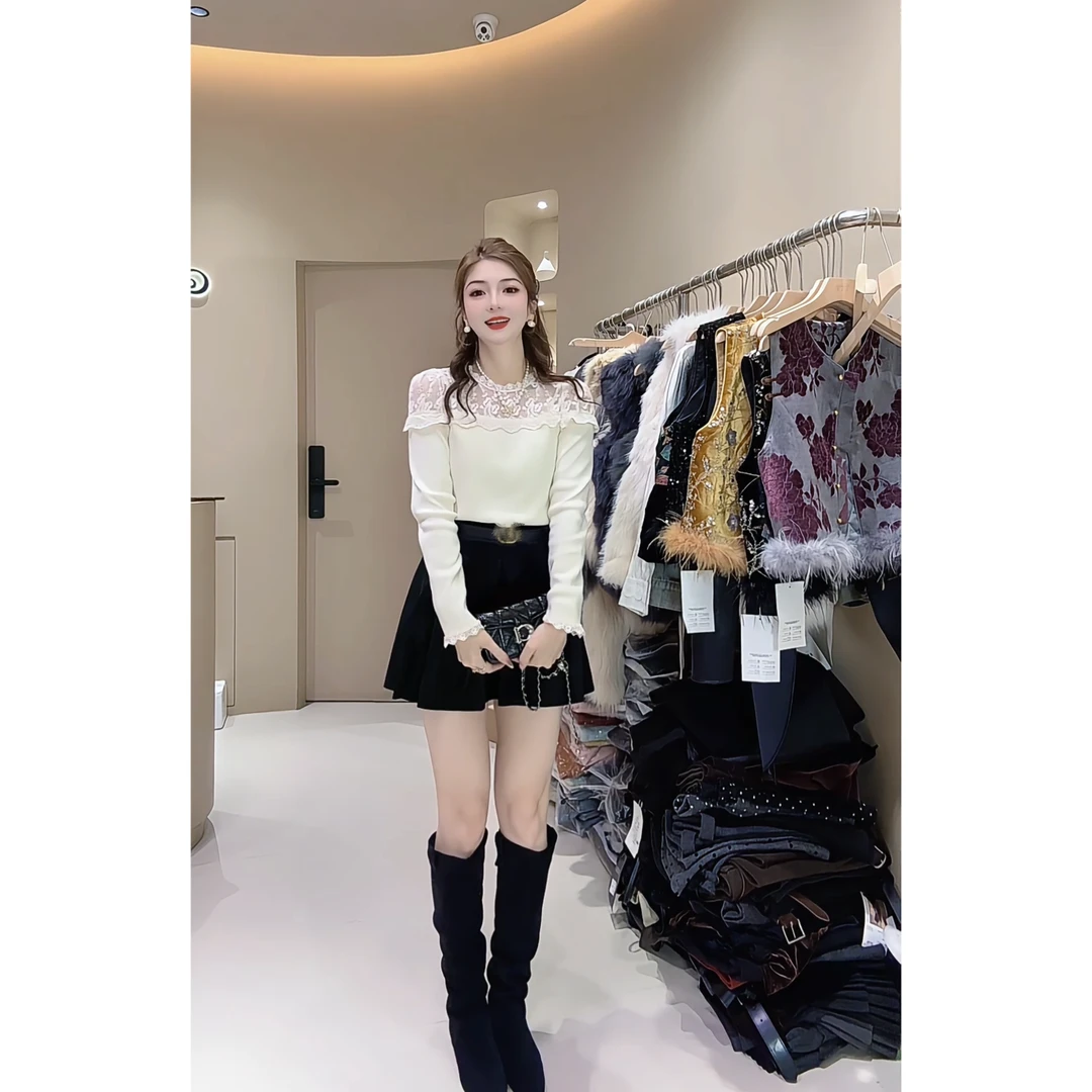 涵涵家 秋冬法式蕾丝拼接针织毛衫 VS 百搭高腰丝绒百褶裙-2568