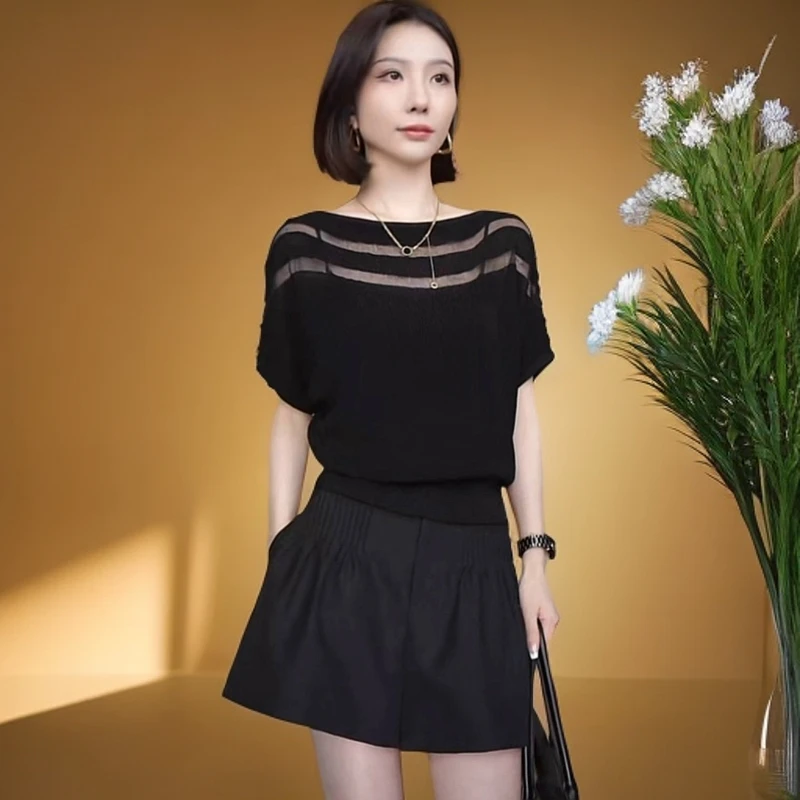 元族）韩系设计感细闪一字领冰丝针织T恤女夏季镂空显瘦薄款