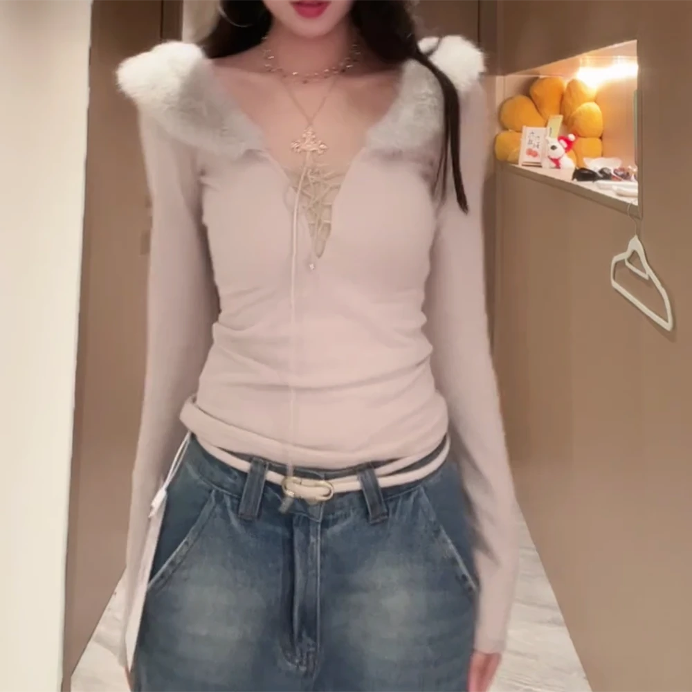 美式复古磨毛感上衣正反两穿内搭毛领一字肩女秋抽绳T恤C6568