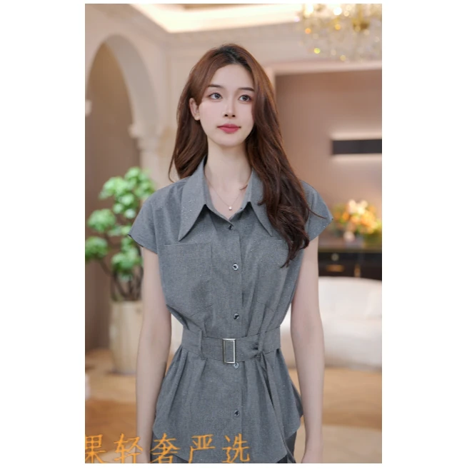 CYM1748灰色套装女2025夏季新款收腰系带百搭长裤两件套