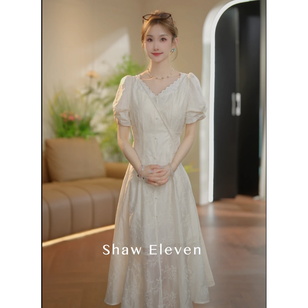 【ShawEleven】瑾阁25款夏季法式显瘦高端刺绣蕾丝长裙2521