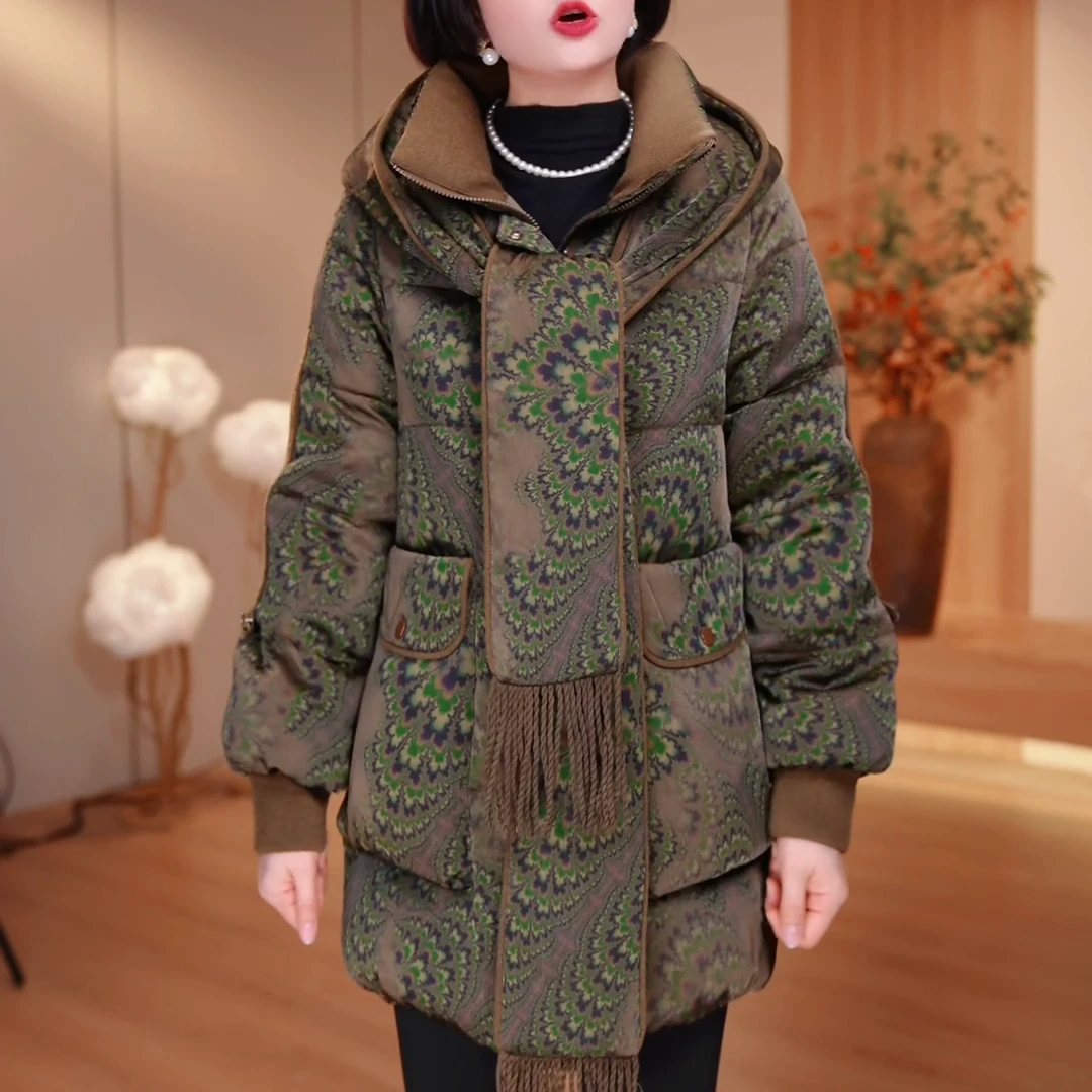 25年连帽长款冬季女装棉服拼接连帽时尚洋气宽松保暖