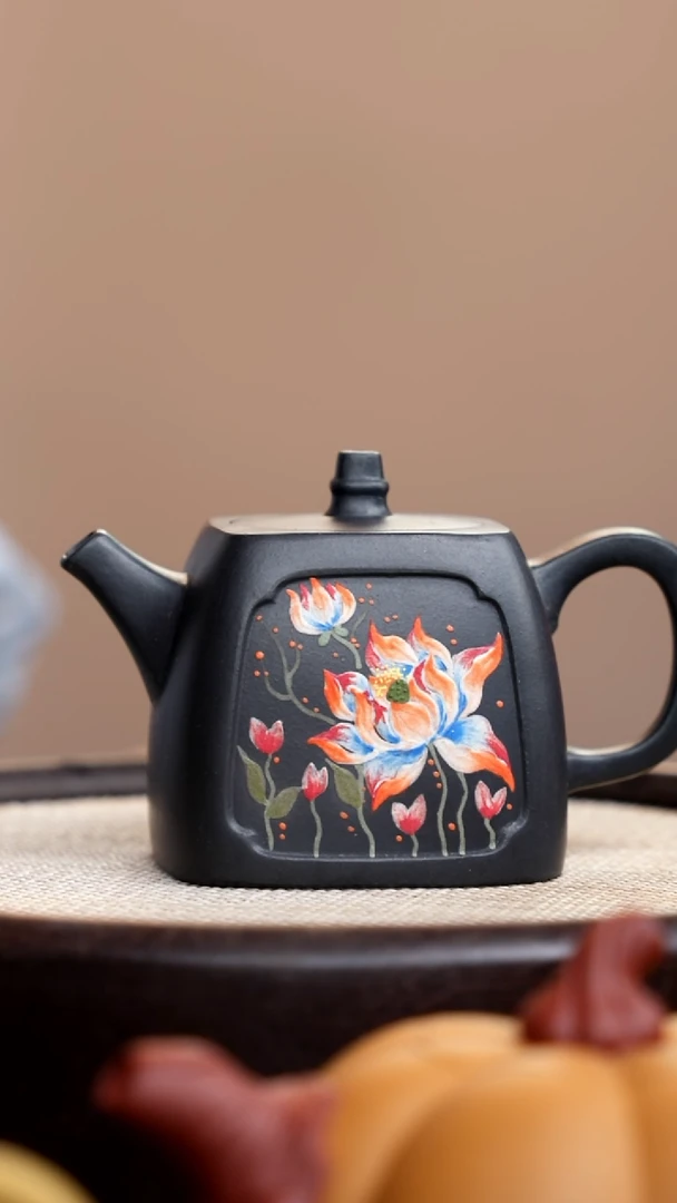 茶壶紫砂云雾天青四方汉铎泥绘彩荷