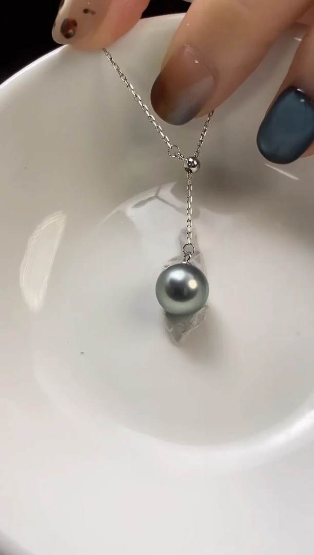 项链银S925镶嵌海水珍珠9-10大溪地黑珍珠项链