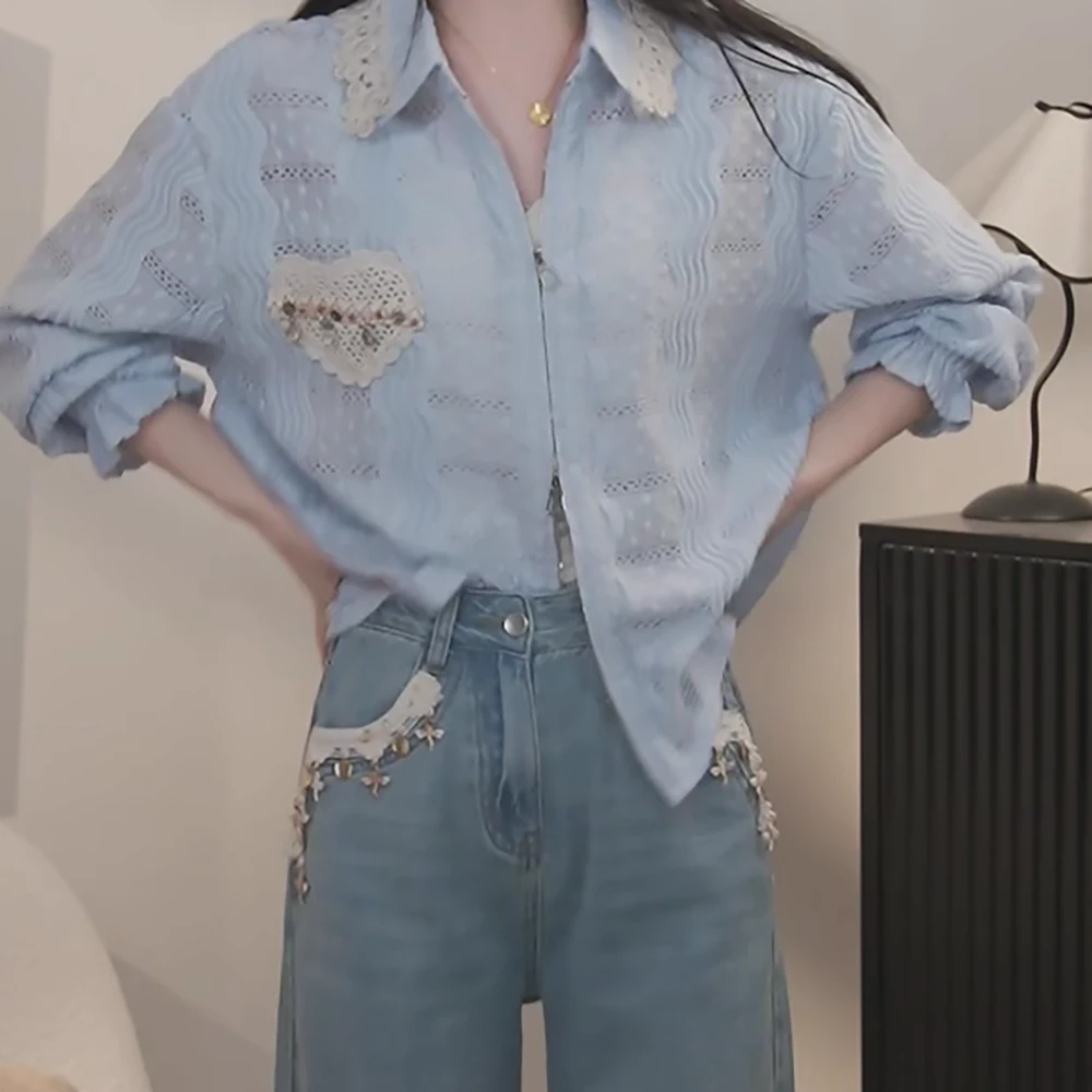 高级蕾丝拼接衬衫长袖时尚夏季小众设计感百搭休闲宽松