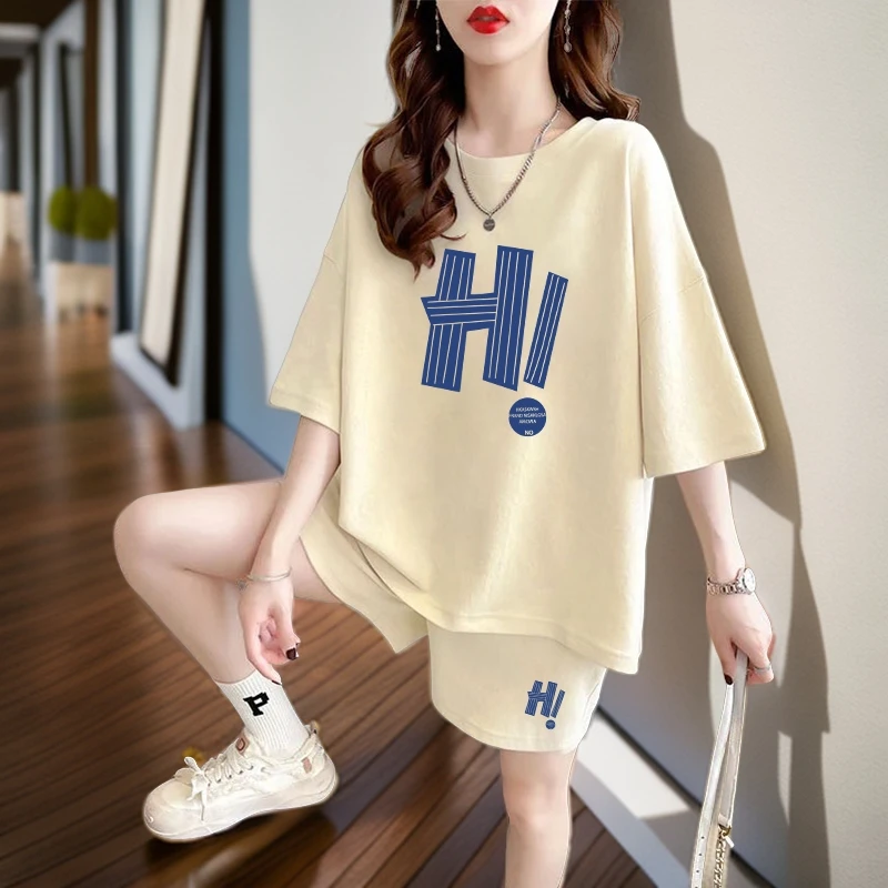 2025新款夏季休闲运动套装女韩版短袖短裤两件套大码宽松显瘦百搭