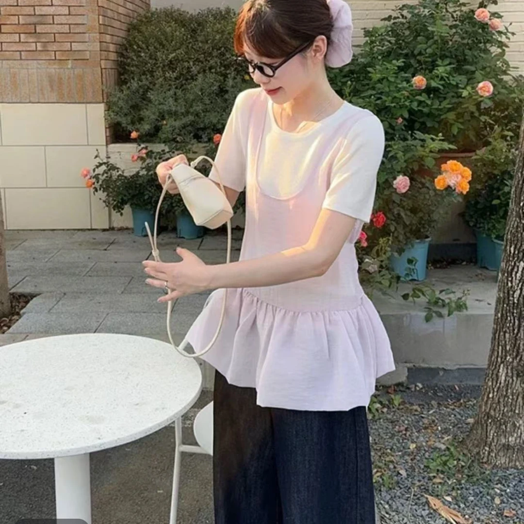 胖mm韩系圆领短袖白色T恤叠穿紫色背心套装新款上衣两件套