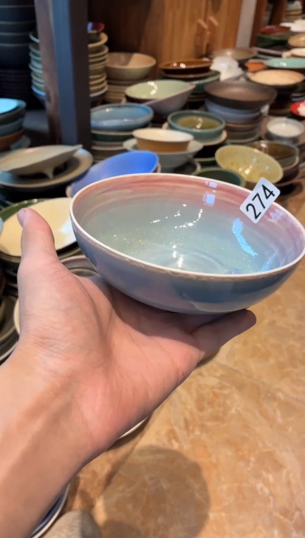瓷片迁***玲274，手工窑变蓝粉碗