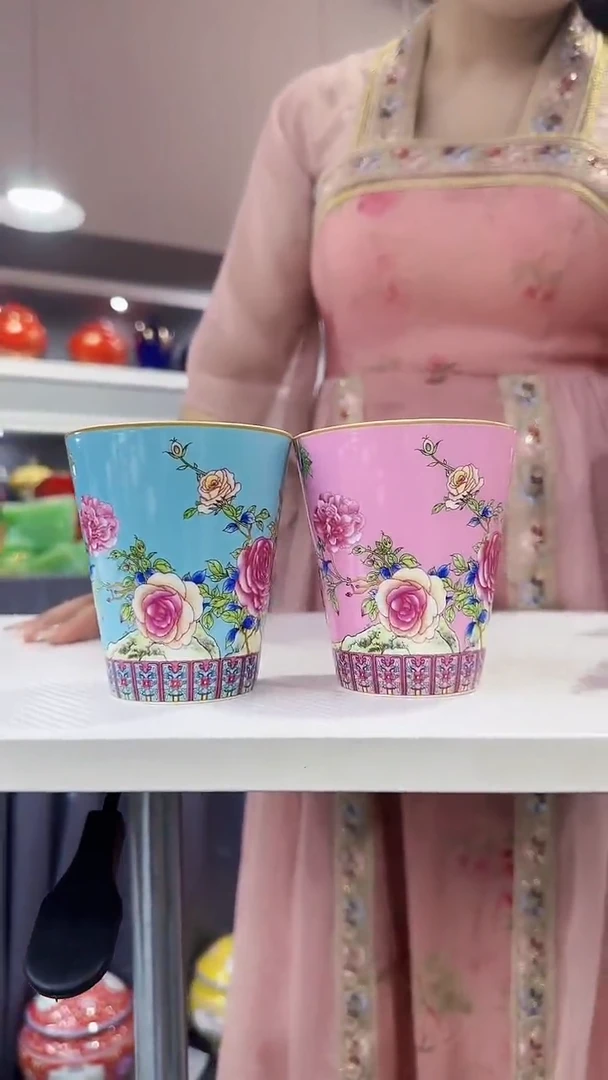 瓷片牡丹花卉杯子2只装景德镇陶瓷