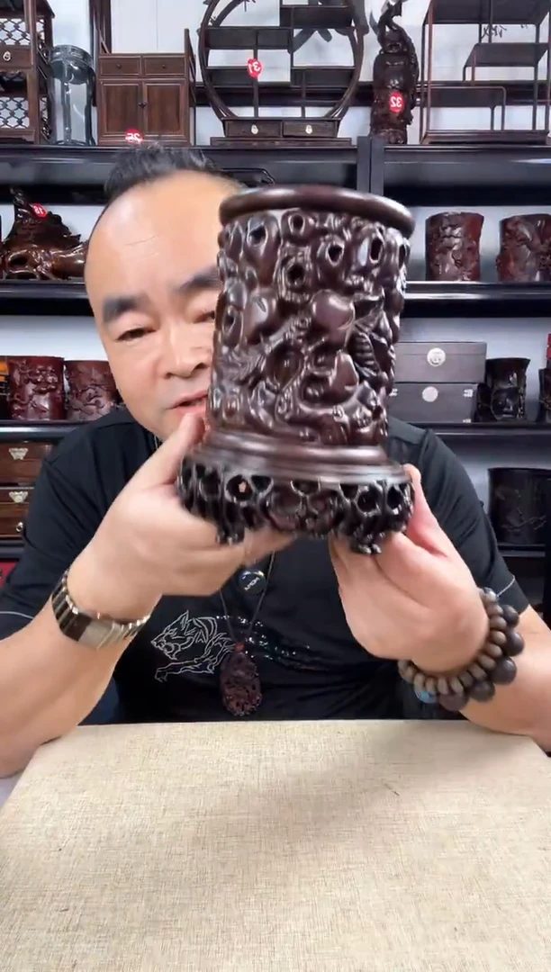 木新款3+寿桃笔筒老李红木工艺品