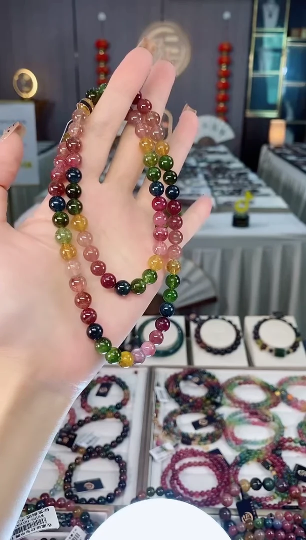 未镶嵌老矿碧玺色标彩虹透体三圈手串7mm+碧玺dan多样性发货一条