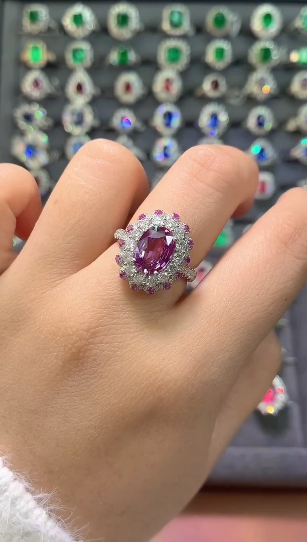 戒指彩色蓝宝石铂Pt950镶嵌-2.58克拉