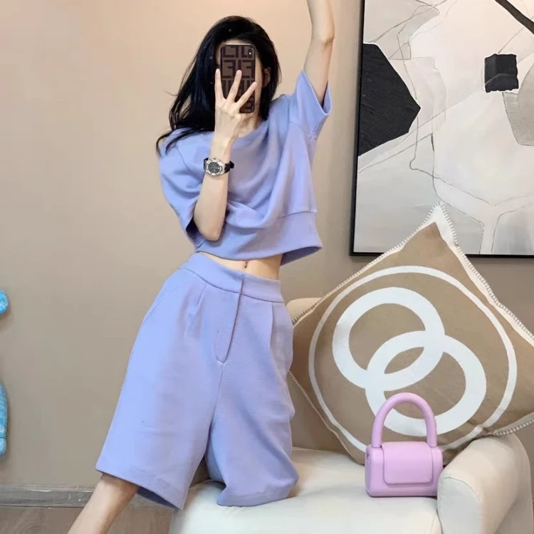 高级感运动服套装女夏季宽松韩版时尚洋气纯色短袖短裤休闲两件套