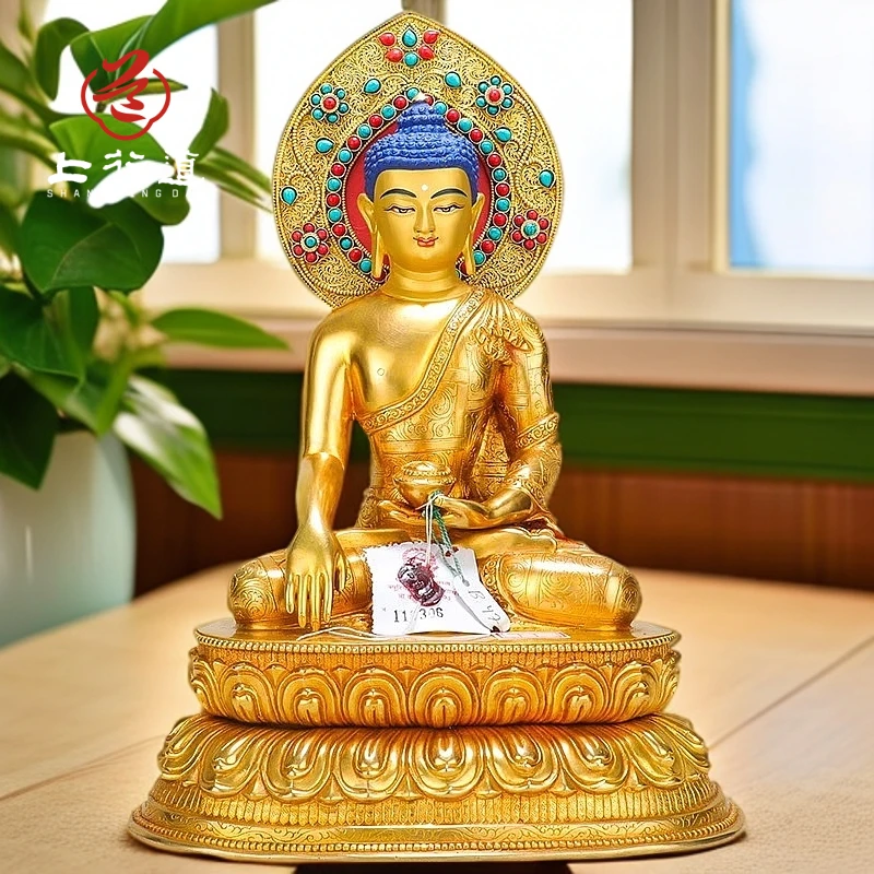 上行道摆件10寸铜释迦牟尼铜像尼泊尔手工鎏金密宗释迦如来造像