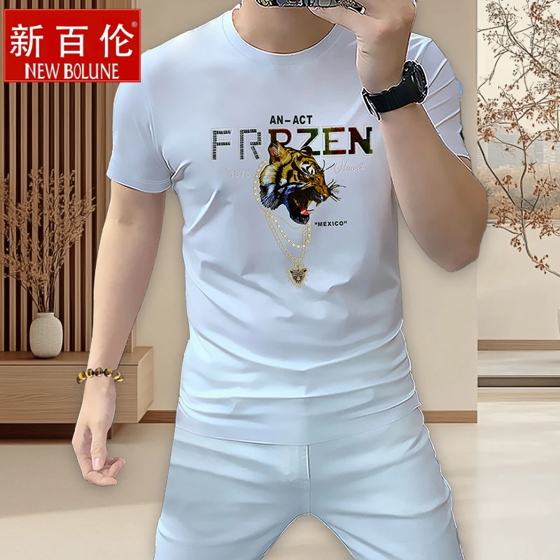 新百伦男士短袖T恤欧版上衣男装半袖圆领衫薄款丝光棉烫钻短袖夏
