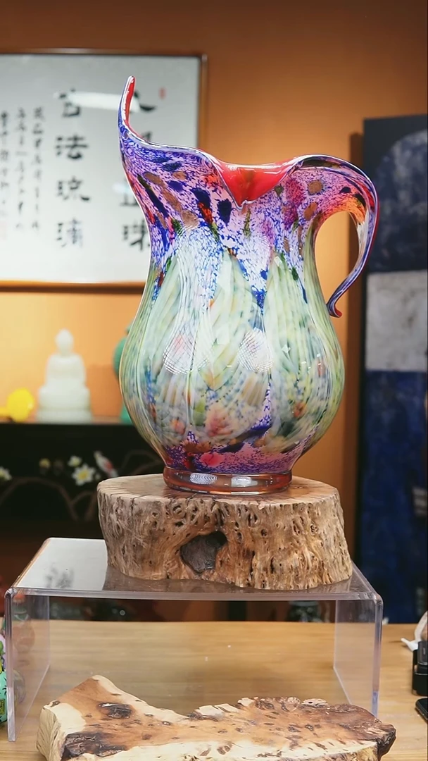 手工艺品琉璃大口把手花瓶
