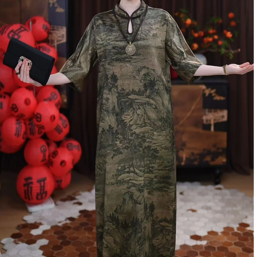 【落影】香云纱腔调设计感四季可穿印花V领春夏季百搭国风连衣裙