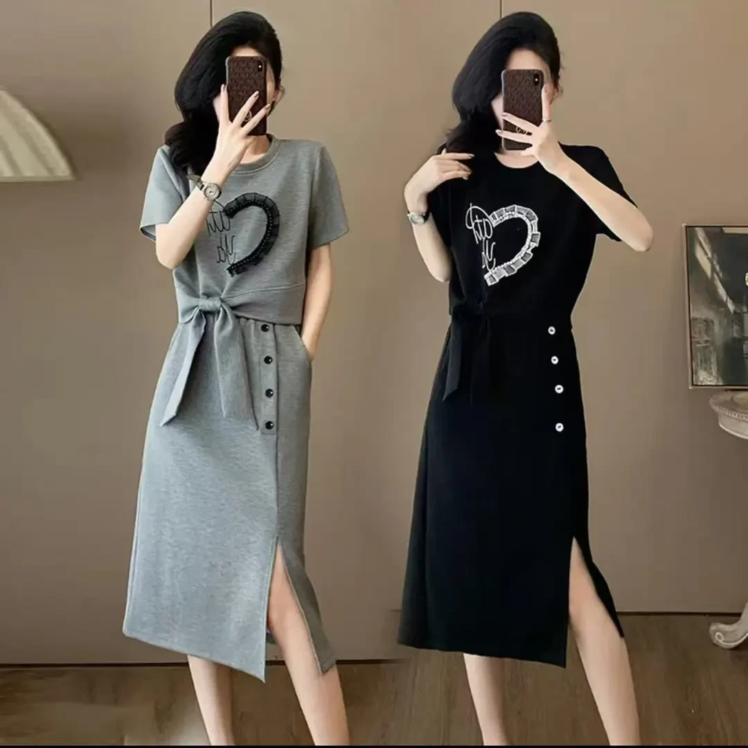 通勤开叉时尚套装静奢风小黑裙小个子短袖休闲风夏季