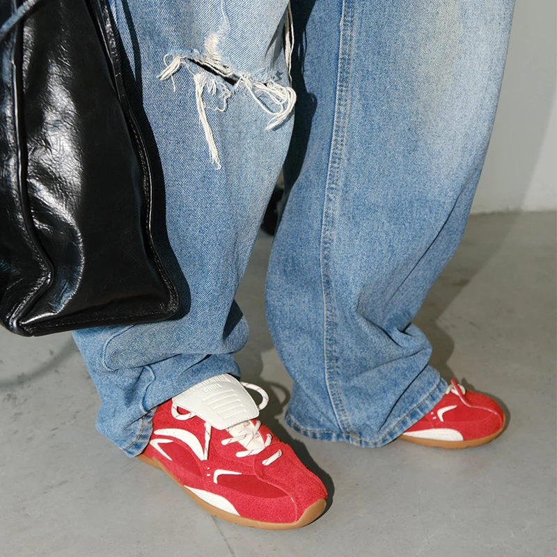 Mooreyu厚底德训鞋女2024新款红色软底内增高休闲真皮红色德训鞋