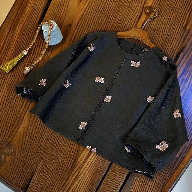 知羽.香云【念云】新中式香云纱龟裂纹绣花桑蚕丝开衫外套ZY21210