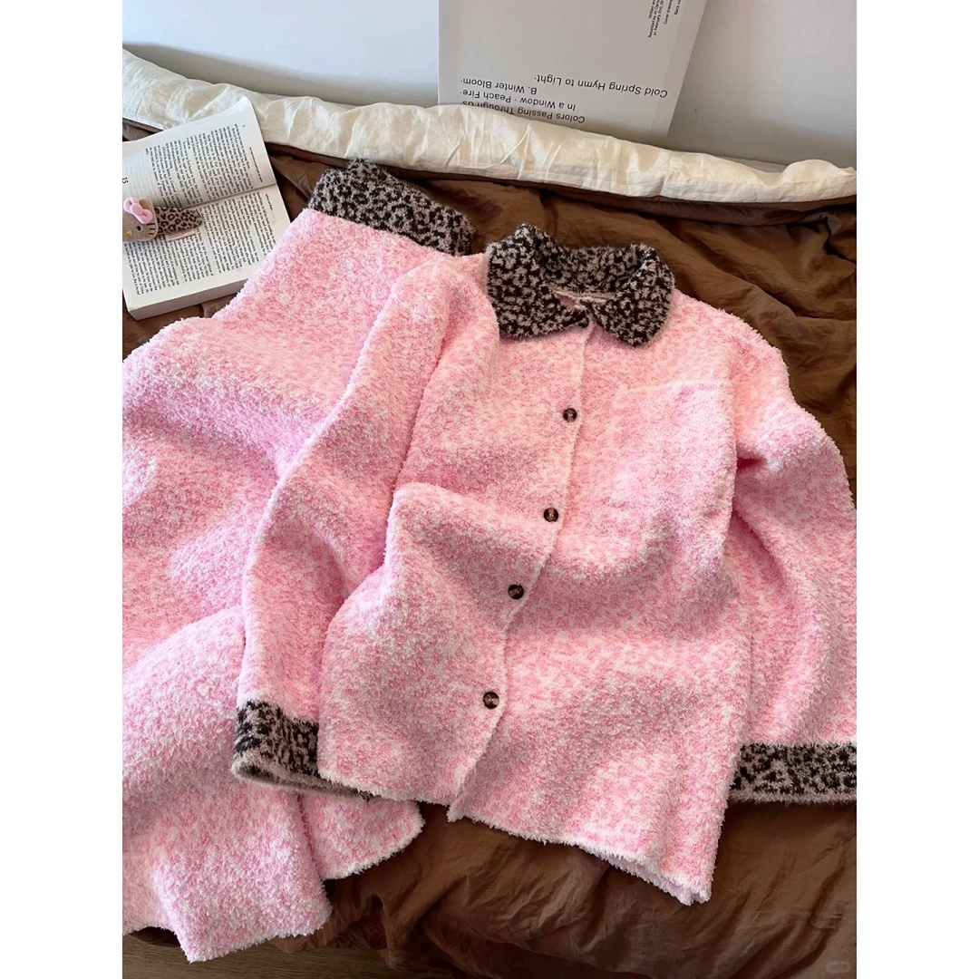 少女粉色半边绒睡衣女冬季新款豹纹拼接宽松舒适可外穿家居服套装