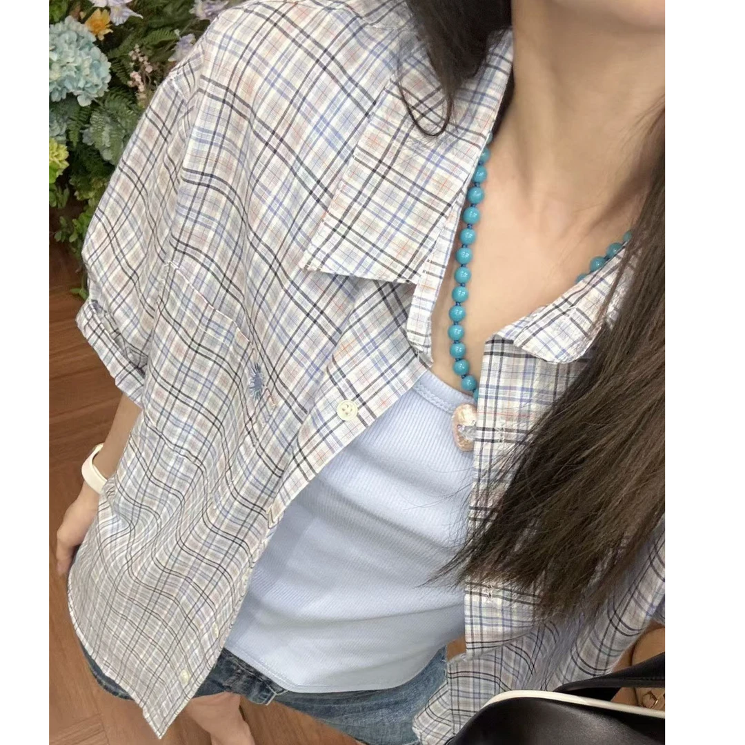 韩系撞色格子短袖衬衫+纯色背心两件套#3338